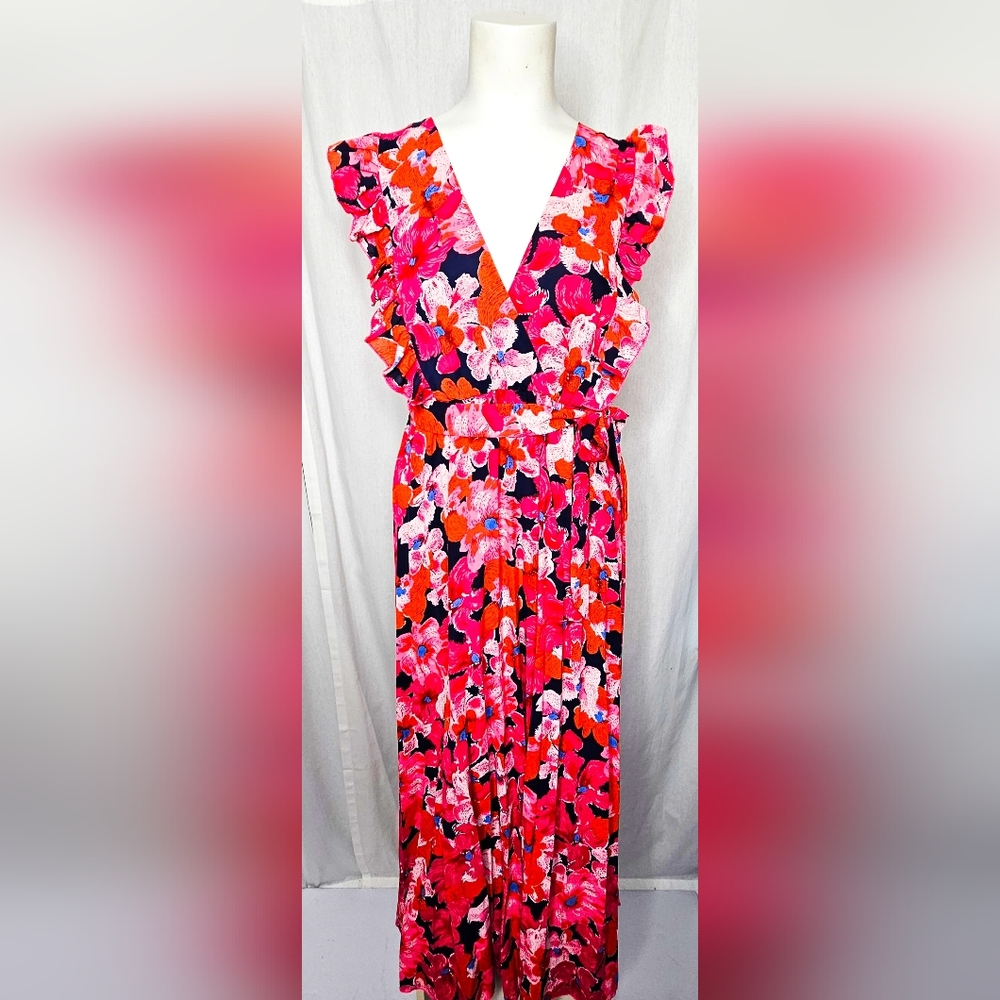 Q2 Designer Resort  Pink‎ and Red Floral Ruffled Dress Size S